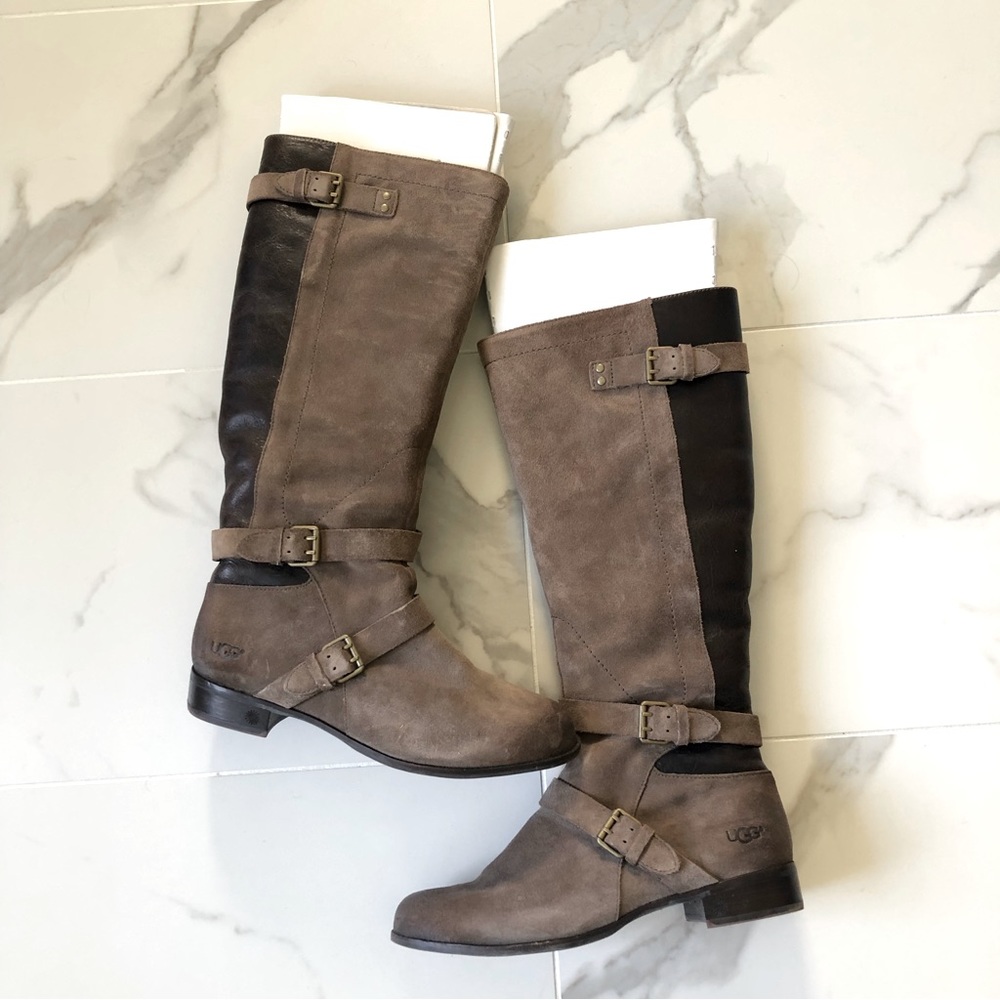 UGG Cyndee Brown Suede Leather Shearling Lined Tall Boots Sz 9